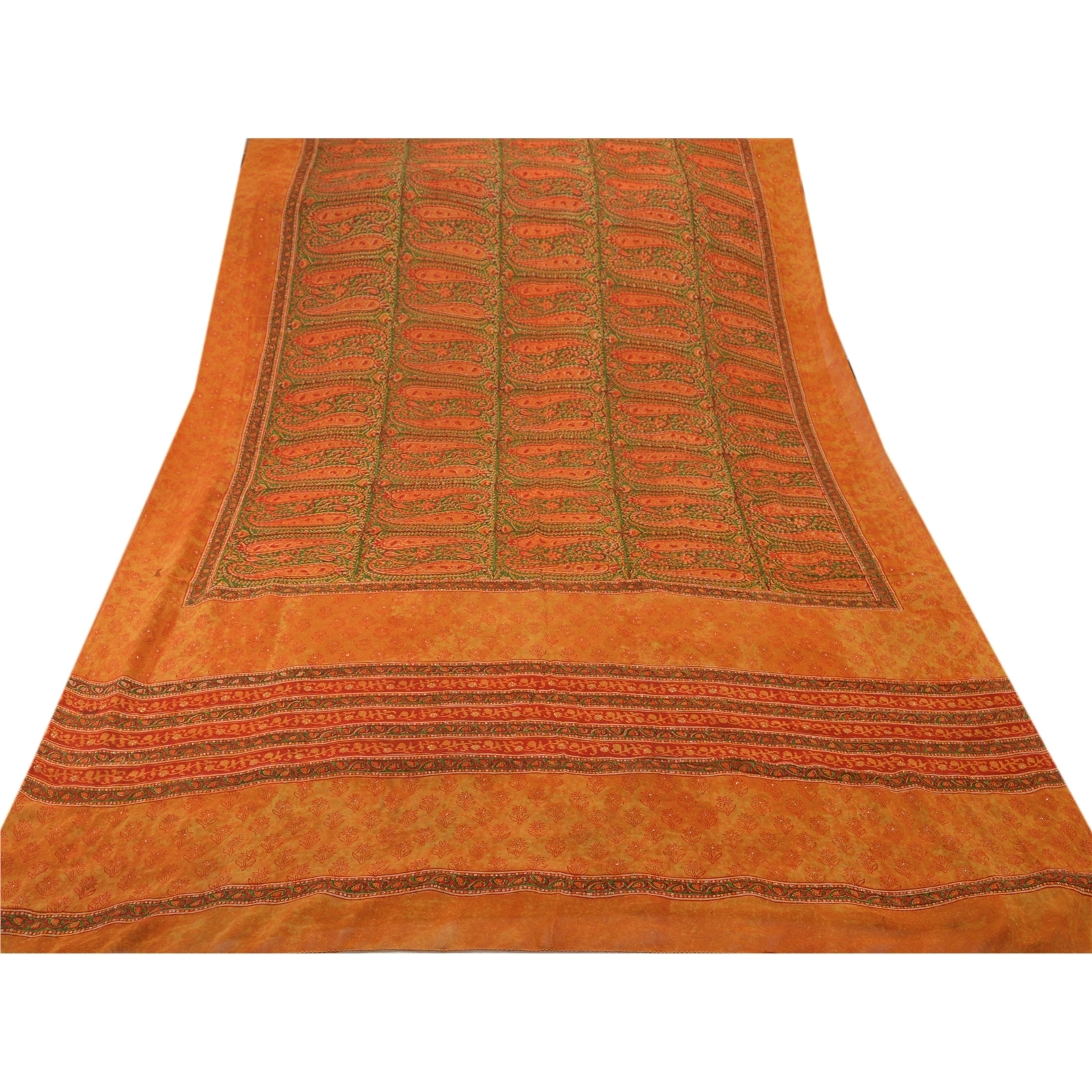 Sanskriti Vintage Indian Pure Georgette Silk Sarees Orange Printed Sari Fabric, PRG-1050-Orange-Printed Floral Design-Pure Georgette Silk-7