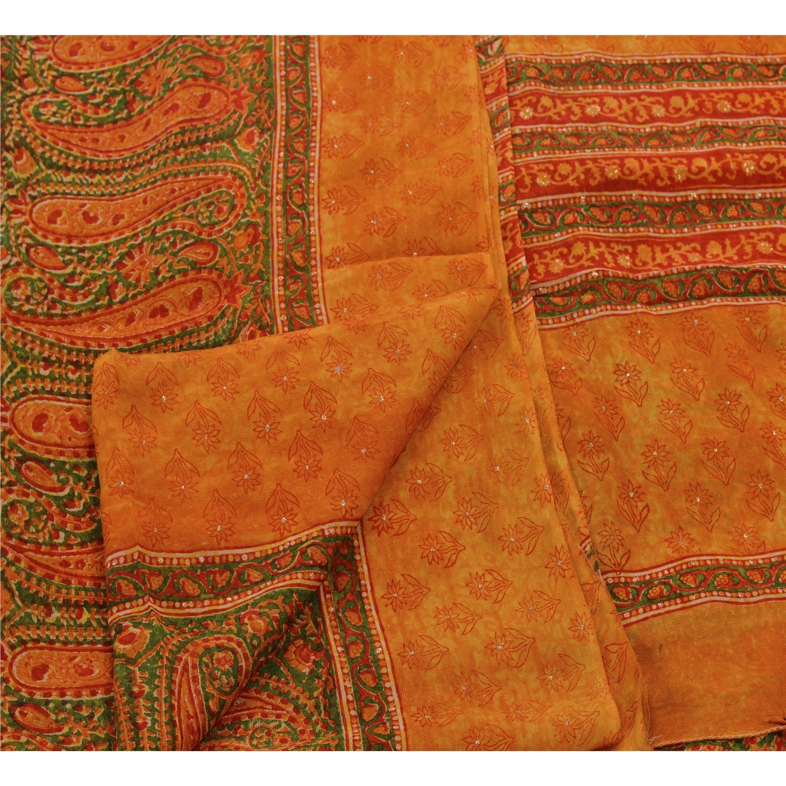 Sanskriti Vintage Indian Pure Georgette Silk Sarees Orange Printed Sari Fabric, PRG-1050-Orange-Printed Floral Design-Pure Georgette Silk-8