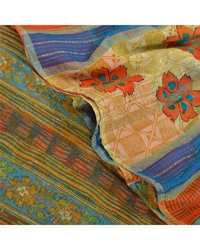 Sanskriti Vintage Sarees Pure Georgette Silk Printed Woven Sari 5Yd Craft Fabric, PRG-8790-Multi-Printed Floral Design-Pure Georgette Silk-1
