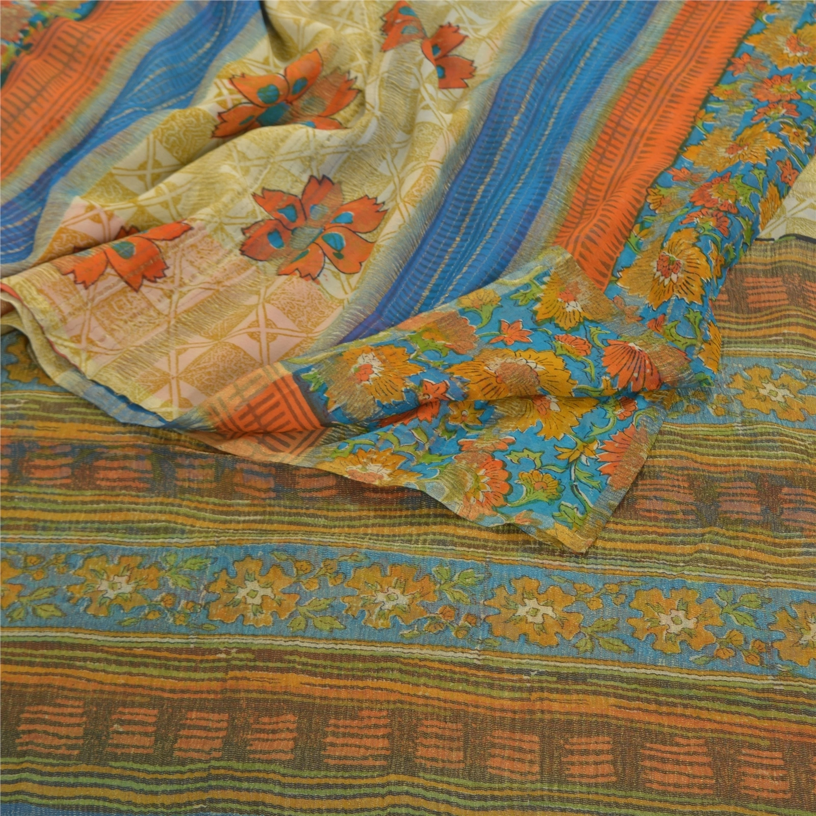 Sanskriti Vintage Sarees Pure Georgette Silk Printed Woven Sari 5Yd Craft Fabric, PRG-8790-Multi-Printed Floral Design-Pure Georgette Silk-7