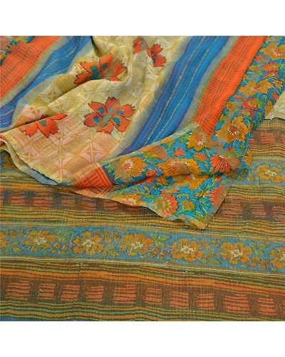 Sanskriti Vintage Sarees Pure Georgette Silk Printed Woven Sari 5Yd Craft Fabric, PRG-8790-Multi-Printed Floral Design-Pure Georgette Silk-7