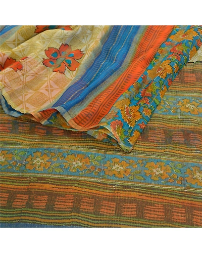 Sanskriti Vintage Sarees Pure Georgette Silk Printed Woven Sari 5Yd Craft Fabric, PRG-8790-Multi-Printed Floral Design-Pure Georgette Silk-9