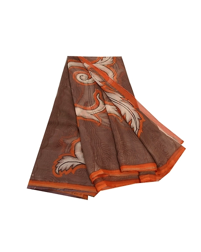 Sanskriti Vintage Brown Sarees Chiffon Printed Sari 5Yd Floral Craft Fabric, PRG-8794-Brown-Printed Floral Design-Chiffon-2