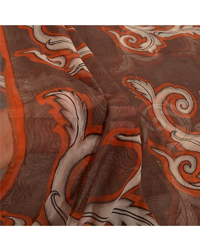 Sanskriti Vintage Brown Sarees Chiffon Printed Sari 5Yd Floral Craft Fabric, PRG-8794-Brown-Printed Floral Design-Chiffon-4