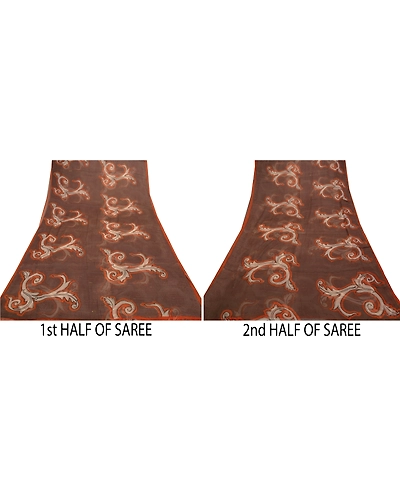 Sanskriti Vintage Brown Sarees Chiffon Printed Sari 5Yd Floral Craft Fabric, PRG-8794-Brown-Printed Floral Design-Chiffon-5