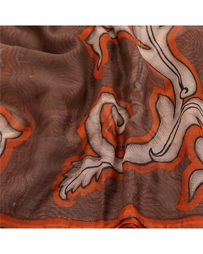Sanskriti Vintage Brown Sarees Chiffon Printed Sari 5Yd Floral Craft Fabric, PRG-8794-Brown-Printed Floral Design-Chiffon-6