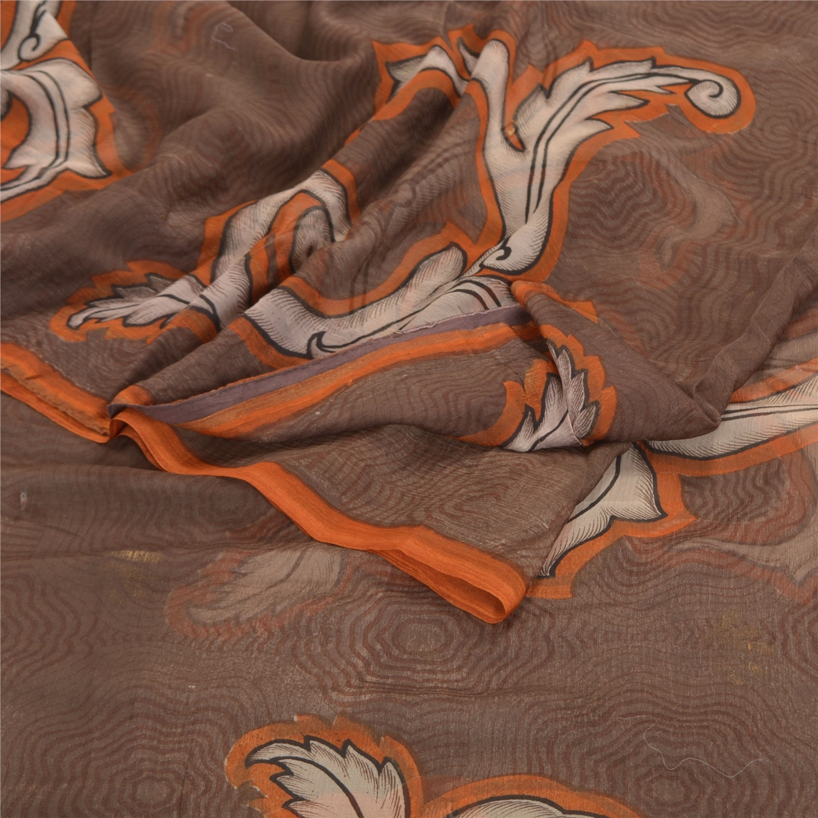 Sanskriti Vintage Brown Sarees Chiffon Printed Sari 5Yd Floral Craft Fabric, PRG-8794-Brown-Printed Floral Design-Chiffon-7