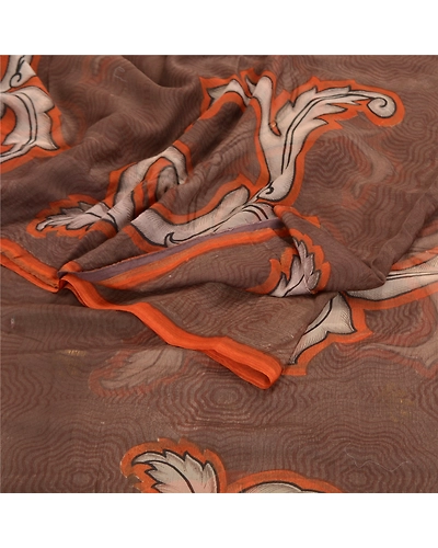 Sanskriti Vintage Brown Sarees Chiffon Printed Sari 5Yd Floral Craft Fabric, PRG-8794-Brown-Printed Floral Design-Chiffon-7
