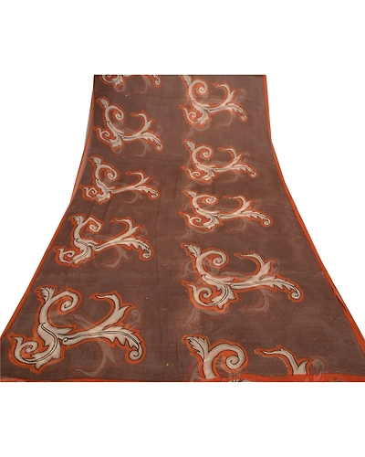 Sanskriti Vintage Brown Sarees Chiffon Printed Sari 5Yd Floral Craft Fabric, PRG-8794-Brown-Printed Floral Design-Chiffon-8