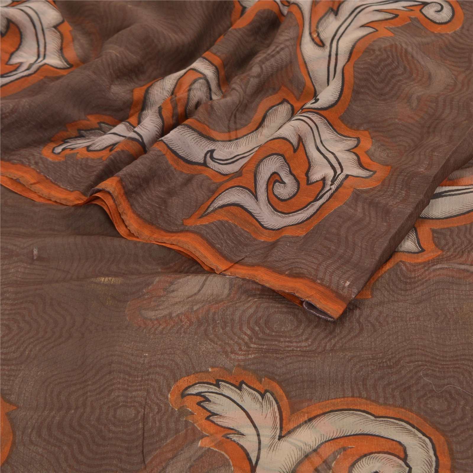 Sanskriti Vintage Brown Sarees Chiffon Printed Sari 5Yd Floral Craft Fabric, PRG-8794-Brown-Printed Floral Design-Chiffon-9