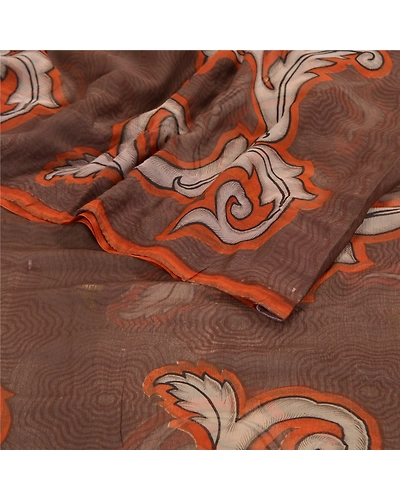 Sanskriti Vintage Brown Sarees Chiffon Printed Sari 5Yd Floral Craft Fabric, PRG-8794-Brown-Printed Floral Design-Chiffon-9