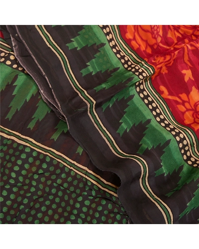 Sanskriti Vintage Dark Red Sarees Blend Georgette Printed Sari 5 Yd Craft Fabric, PRG-8798-Dark Red-Printed Floral Design-Blend Georgette-1