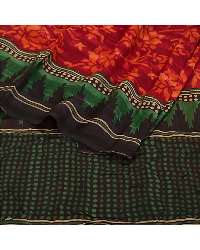 Sanskriti Vintage Dark Red Sarees Blend Georgette Printed Sari 5 Yd Craft Fabric, PRG-8798-Dark Red-Printed Floral Design-Blend Georgette-9