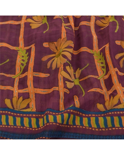Sanskriti Vintage Purple Sarees Pure Georgette Silk Printed Sari Craft Fabric, PRG-8800-Purple-Printed Floral Design-Pure Georgette Silk-6