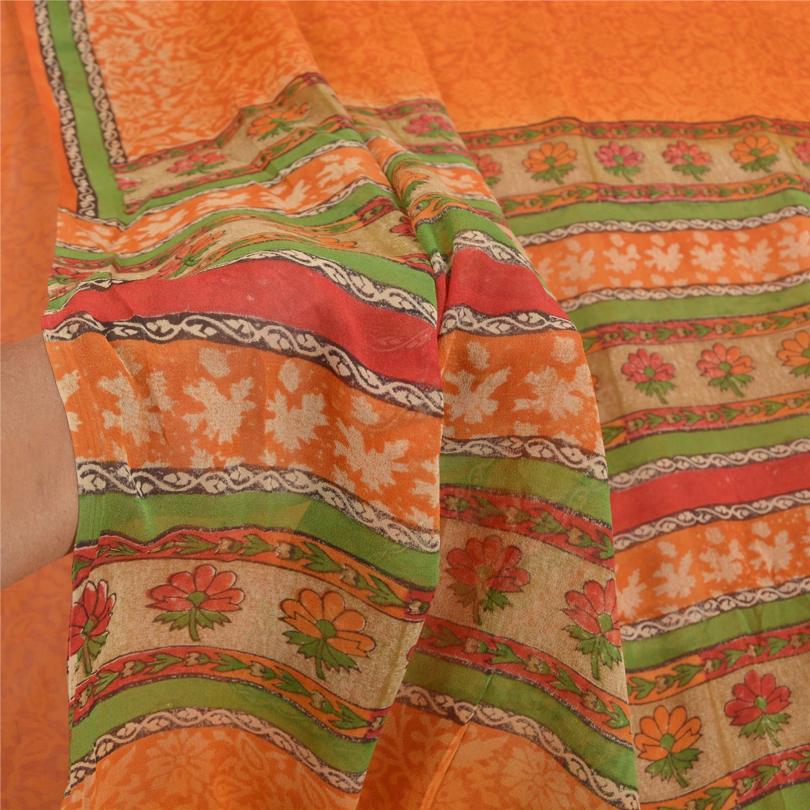 Sanskriti Vintage Sarees Pure Georgette Silk Printed Blouse Pc Sari Craft Fabric, PRG-8802-Orange-Printed Floral Design-Pure Georgette Silk-6