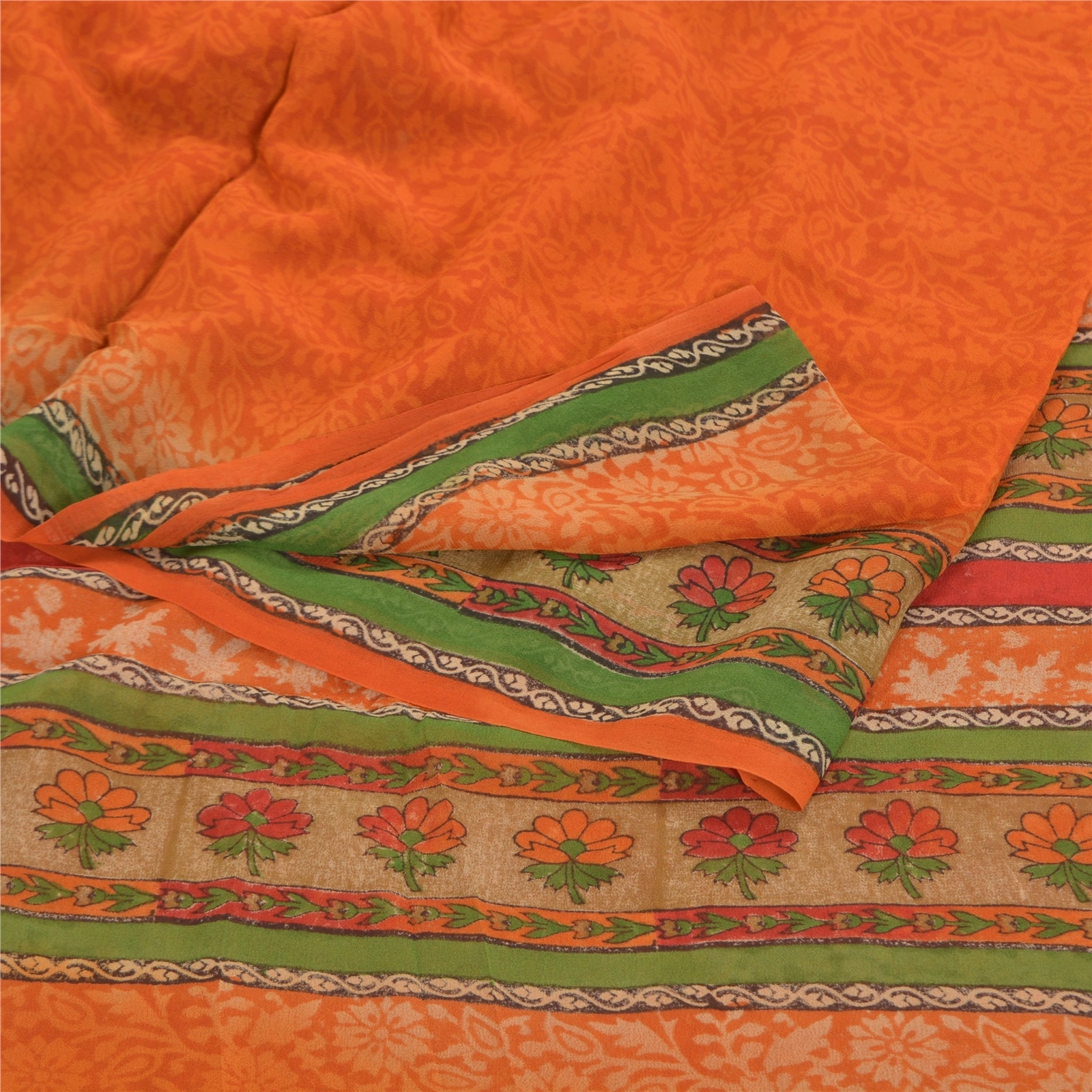 Sanskriti Vintage Sarees Pure Georgette Silk Printed Blouse Pc Sari Craft Fabric, PRG-8802-Orange-Printed Floral Design-Pure Georgette Silk-7