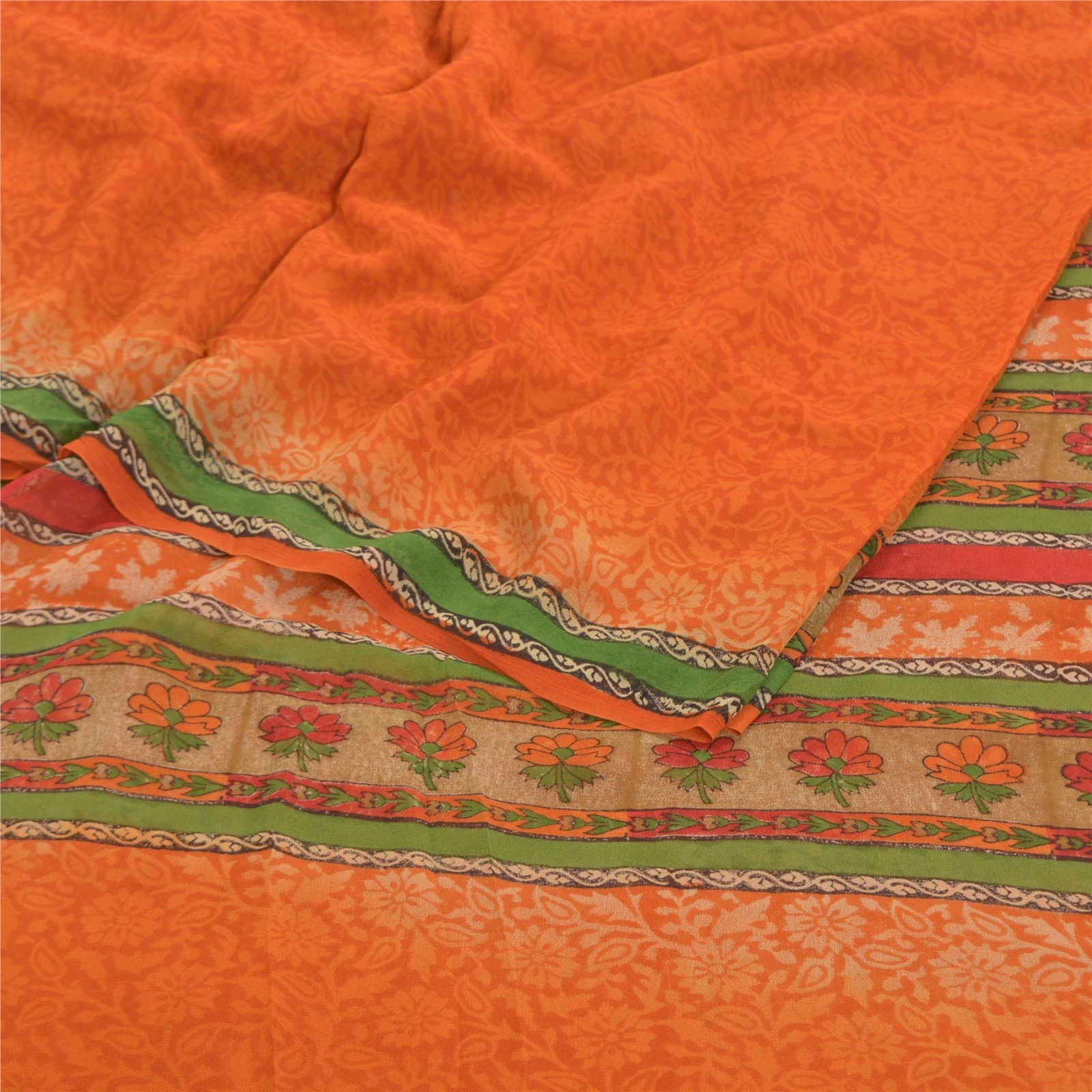 Sanskriti Vintage Sarees Pure Georgette Silk Printed Blouse Pc Sari Craft Fabric, PRG-8802-Orange-Printed Floral Design-Pure Georgette Silk-9