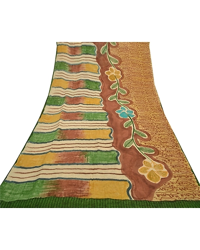 Sanskriti Vintage Brown Sarees Pure Georgette Silk Printed Sari 5Yd Craft Fabric, PRG-8806-Brown-Printed Floral Design-Pure Georgette Silk-8
