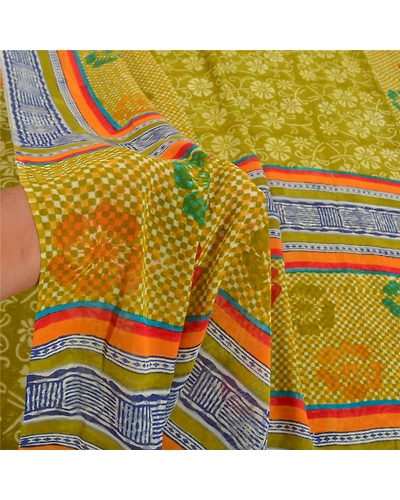 Sanskriti Vintage Green Sarees Pure Georgette Silk Printed Sari 5Yd Craft Fabric, PRG-8809-Green-Printed Floral Design-Pure Georgette Silk-4