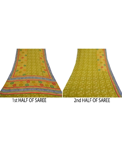 Sanskriti Vintage Green Sarees Pure Georgette Silk Printed Sari 5Yd Craft Fabric, PRG-8809-Green-Printed Floral Design-Pure Georgette Silk-5