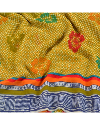 Sanskriti Vintage Green Sarees Pure Georgette Silk Printed Sari 5Yd Craft Fabric, PRG-8809-Green-Printed Floral Design-Pure Georgette Silk-6