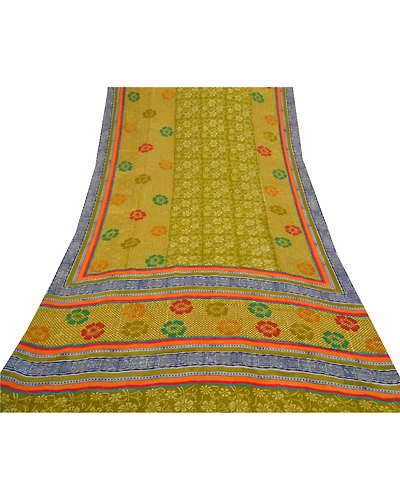 Sanskriti Vintage Green Sarees Pure Georgette Silk Printed Sari 5Yd Craft Fabric, PRG-8809-Green-Printed Floral Design-Pure Georgette Silk-8