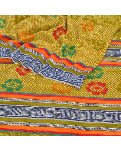 Sanskriti Vintage Green Sarees Pure Georgette Silk Printed Sari 5Yd Craft Fabric, PRG-8809-Green-Printed Floral Design-Pure Georgette Silk-9