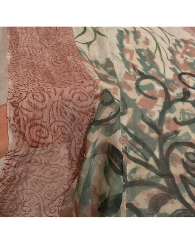 Sanskriti Vintage Cream Saree Blend Georgette Printed Sari 5 Yard Craft Fabric, PRG-8830-Cream-Printed Floral Design-Blend Georgette-5