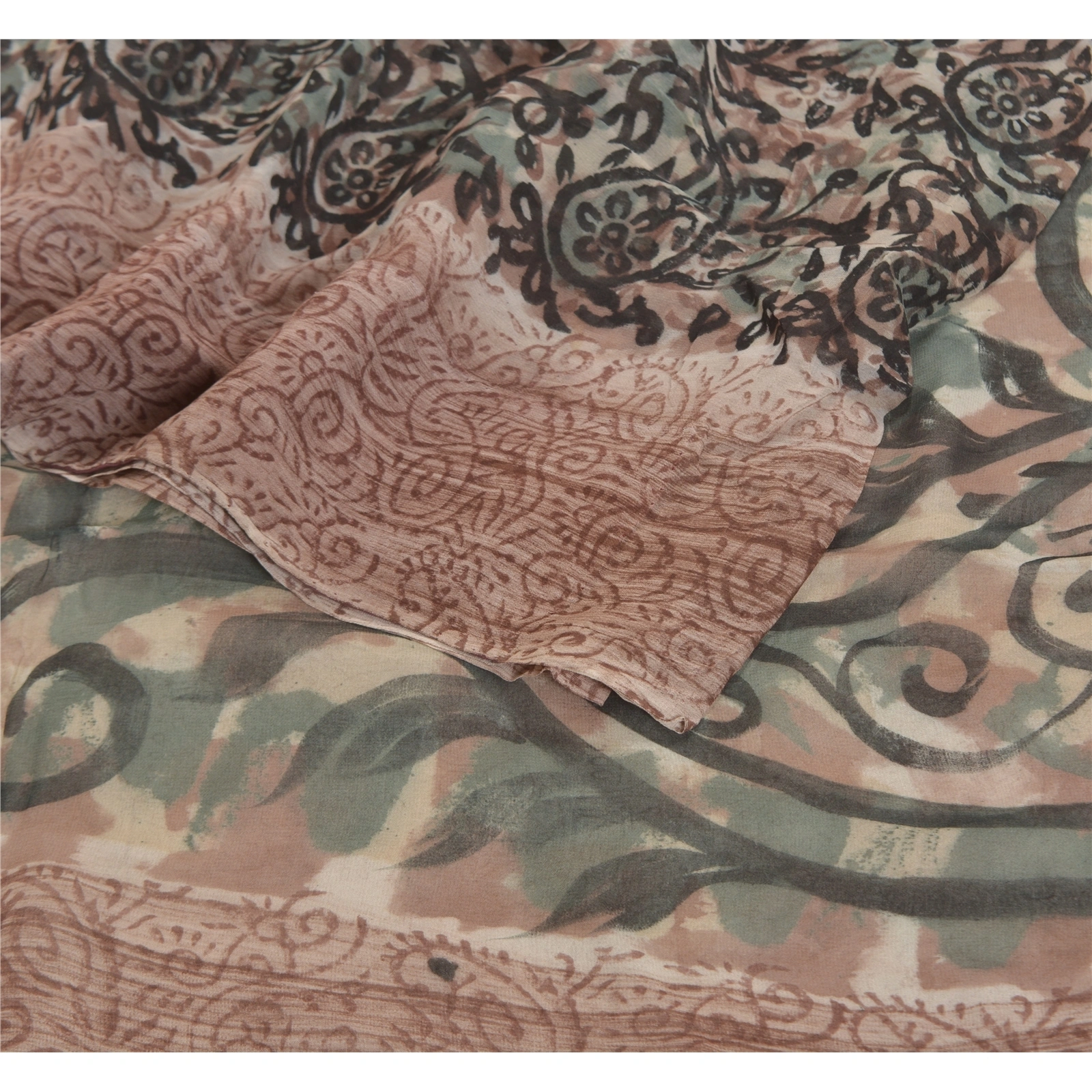 Sanskriti Vintage Cream Saree Blend Georgette Printed Sari 5 Yard Craft Fabric, PRG-8830-Cream-Printed Floral Design-Blend Georgette-10