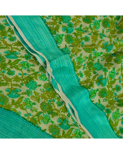 Sanskriti Vintage Green Sarees Blend Georgette Fabric Craft Printed 5 Yard Sari, PRG-8831-Green &amp; Cream-Printed Work-Blend Georgette-1