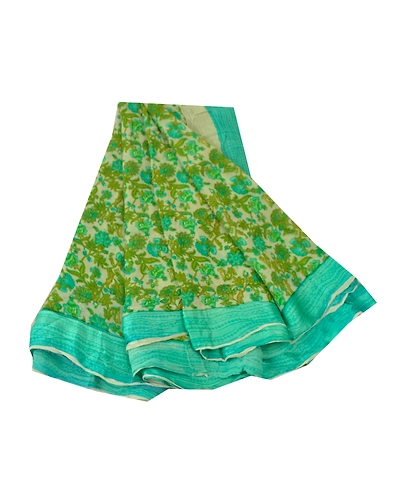 Sanskriti Vintage Green Sarees Blend Georgette Fabric Craft Printed 5 Yard Sari, PRG-8831-Green &amp; Cream-Printed Work-Blend Georgette-2