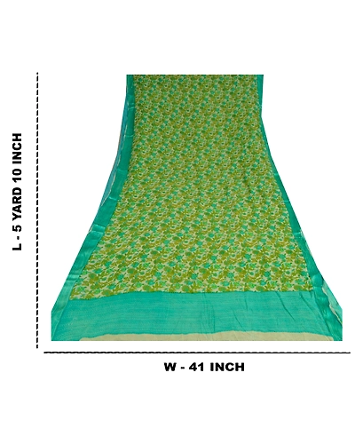 Sanskriti Vintage Green Sarees Blend Georgette Fabric Craft Printed 5 Yard Sari, PRG-8831-Green &amp; Cream-Printed Work-Blend Georgette-3