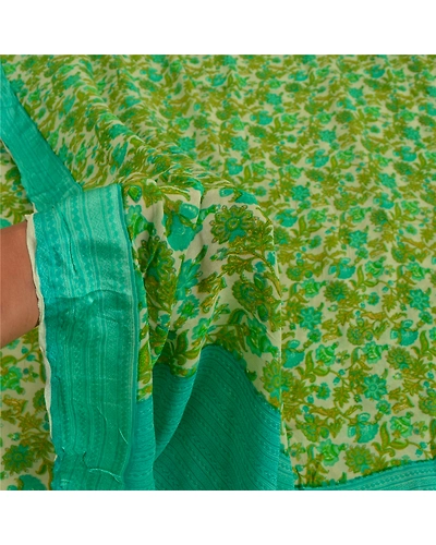 Sanskriti Vintage Green Sarees Blend Georgette Fabric Craft Printed 5 Yard Sari, PRG-8831-Green &amp; Cream-Printed Work-Blend Georgette-4