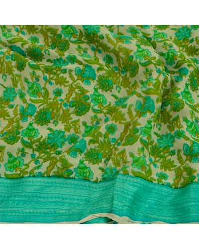 Sanskriti Vintage Green Sarees Blend Georgette Fabric Craft Printed 5 Yard Sari, PRG-8831-Green &amp; Cream-Printed Work-Blend Georgette-6