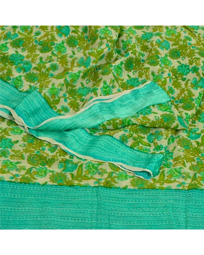 Sanskriti Vintage Green Sarees Blend Georgette Fabric Craft Printed 5 Yard Sari, PRG-8831-Green &amp; Cream-Printed Work-Blend Georgette-7