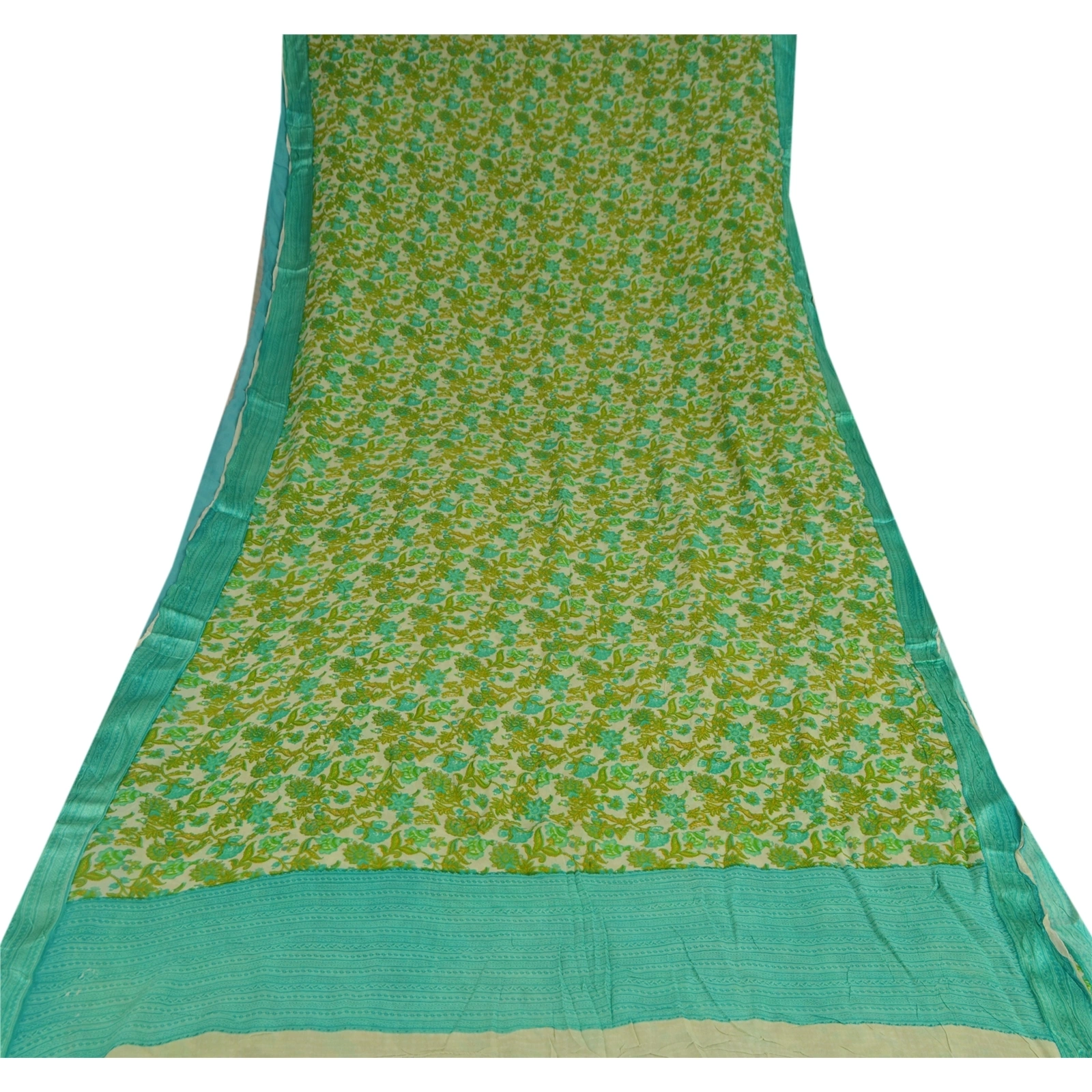 Sanskriti Vintage Green Sarees Blend Georgette Fabric Craft Printed 5 Yard Sari, PRG-8831-Green &amp; Cream-Printed Work-Blend Georgette-8