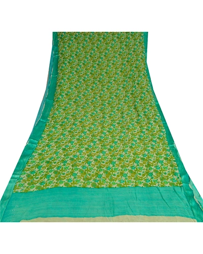 Sanskriti Vintage Green Sarees Blend Georgette Fabric Craft Printed 5 Yard Sari, PRG-8831-Green &amp; Cream-Printed Work-Blend Georgette-8