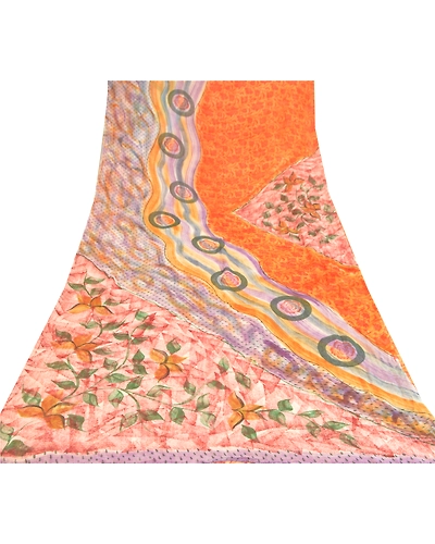 Sanskriti Vintage Red Saree Blend Georgette Printed Sari 5 Yard Craft Fabric, PRG-8855-Red-Printed Floral Design-Blend Georgette-8