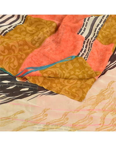 Sanskriti Vintage Indian Sarees Pure Georgette Silk Printed Sari Craft Fabric, PRG-8863-Multi-Printed Floral Design-Pure Georgette Silk-7