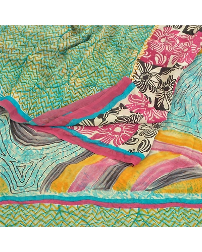 Sanskriti Vintage Indian Sarees Pure Georgette Silk Printed Sari Craft Fabric, PRG-8873-Multi-Printed Floral Design-Pure Georgette Silk-7