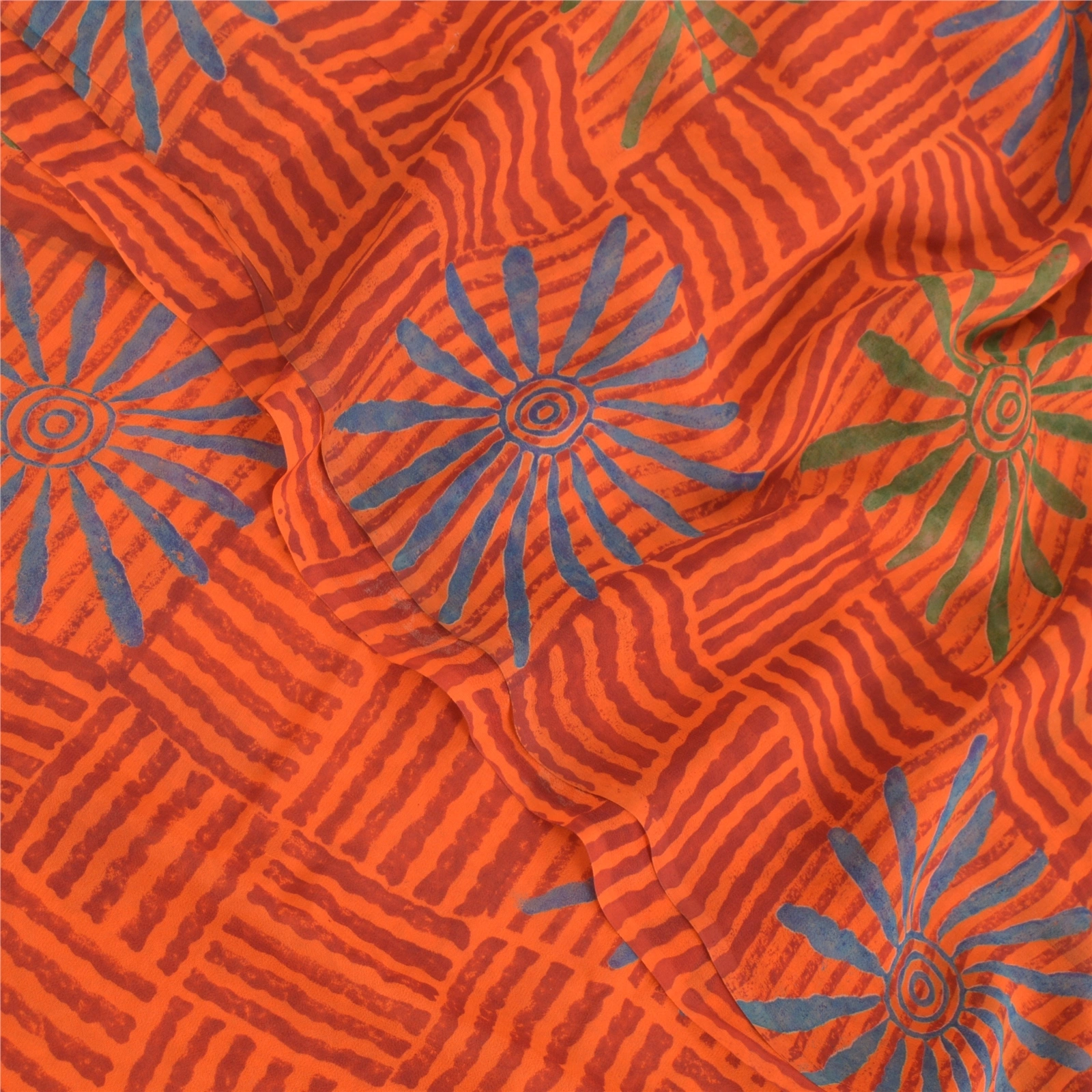 Sanskriti Vintage Orange Sarees Pure Georgette Silk Printed Sari Craft Fabric, PRG-8874-Orange-Printed Floral Design-Pure Georgette Silk-1