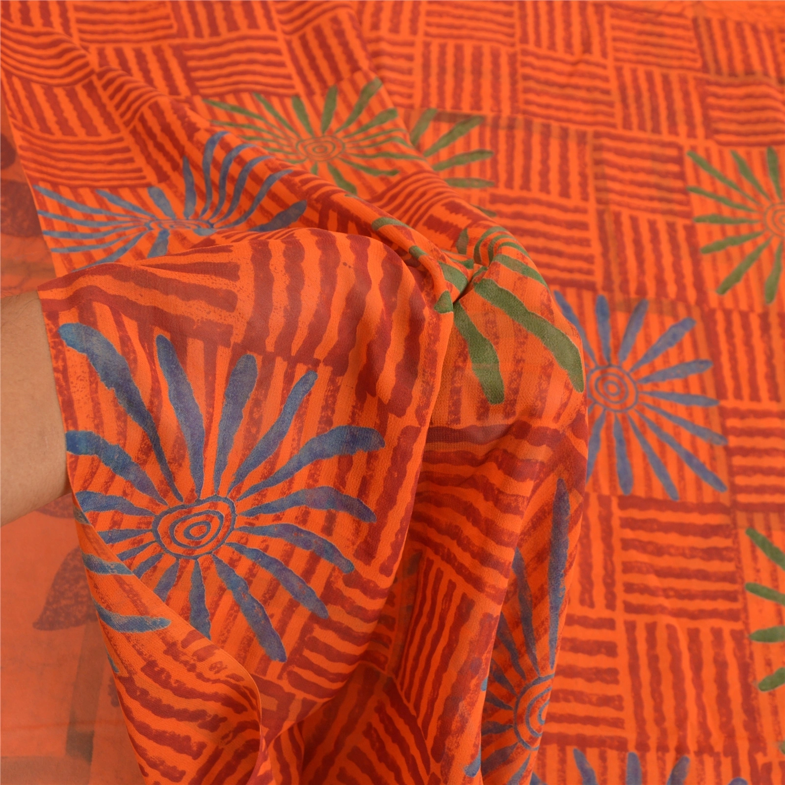 Sanskriti Vintage Orange Sarees Pure Georgette Silk Printed Sari Craft Fabric, PRG-8874-Orange-Printed Floral Design-Pure Georgette Silk-4