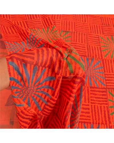 Sanskriti Vintage Orange Sarees Pure Georgette Silk Printed Sari Craft Fabric, PRG-8874-Orange-Printed Floral Design-Pure Georgette Silk-4