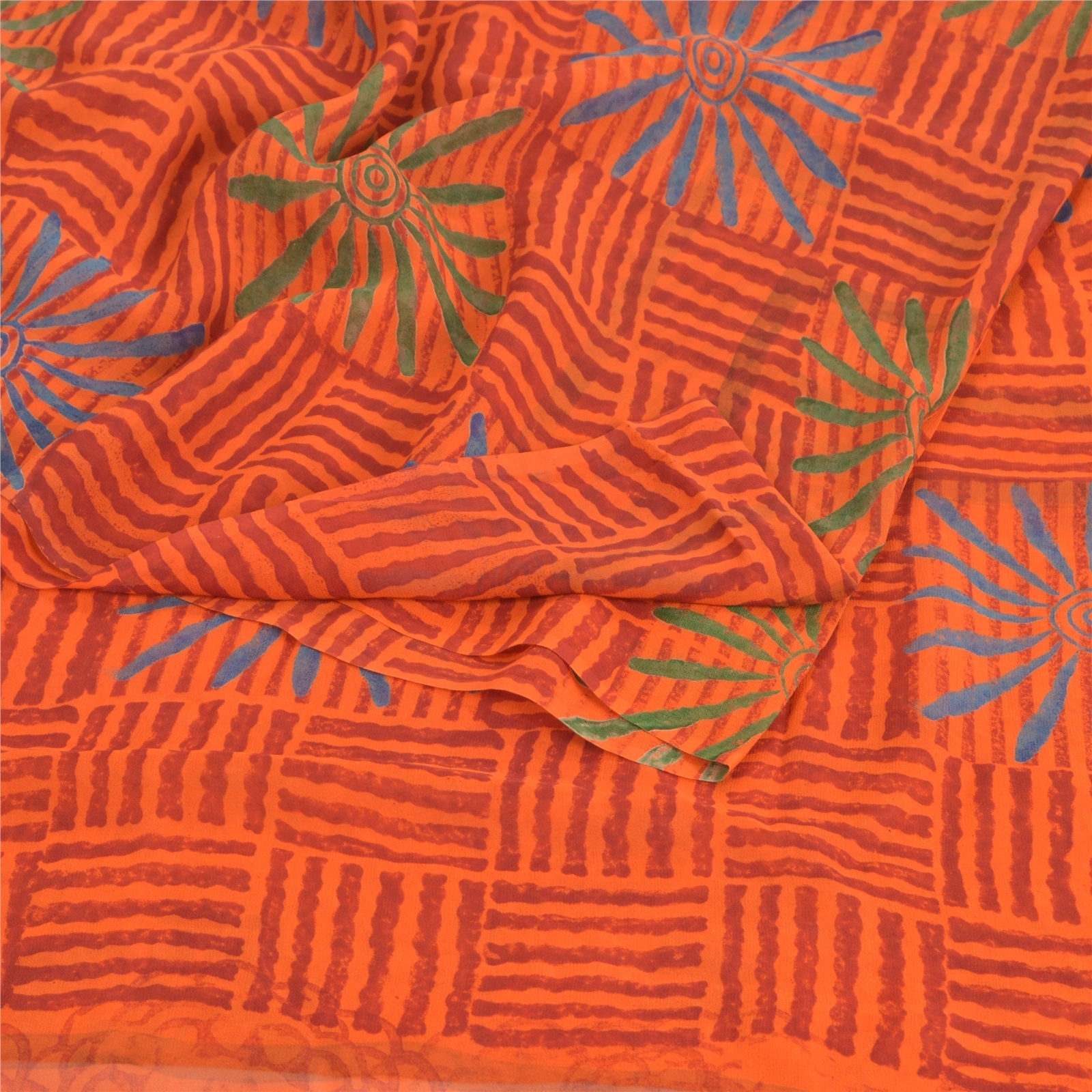 Sanskriti Vintage Orange Sarees Pure Georgette Silk Printed Sari Craft Fabric, PRG-8874-Orange-Printed Floral Design-Pure Georgette Silk-7