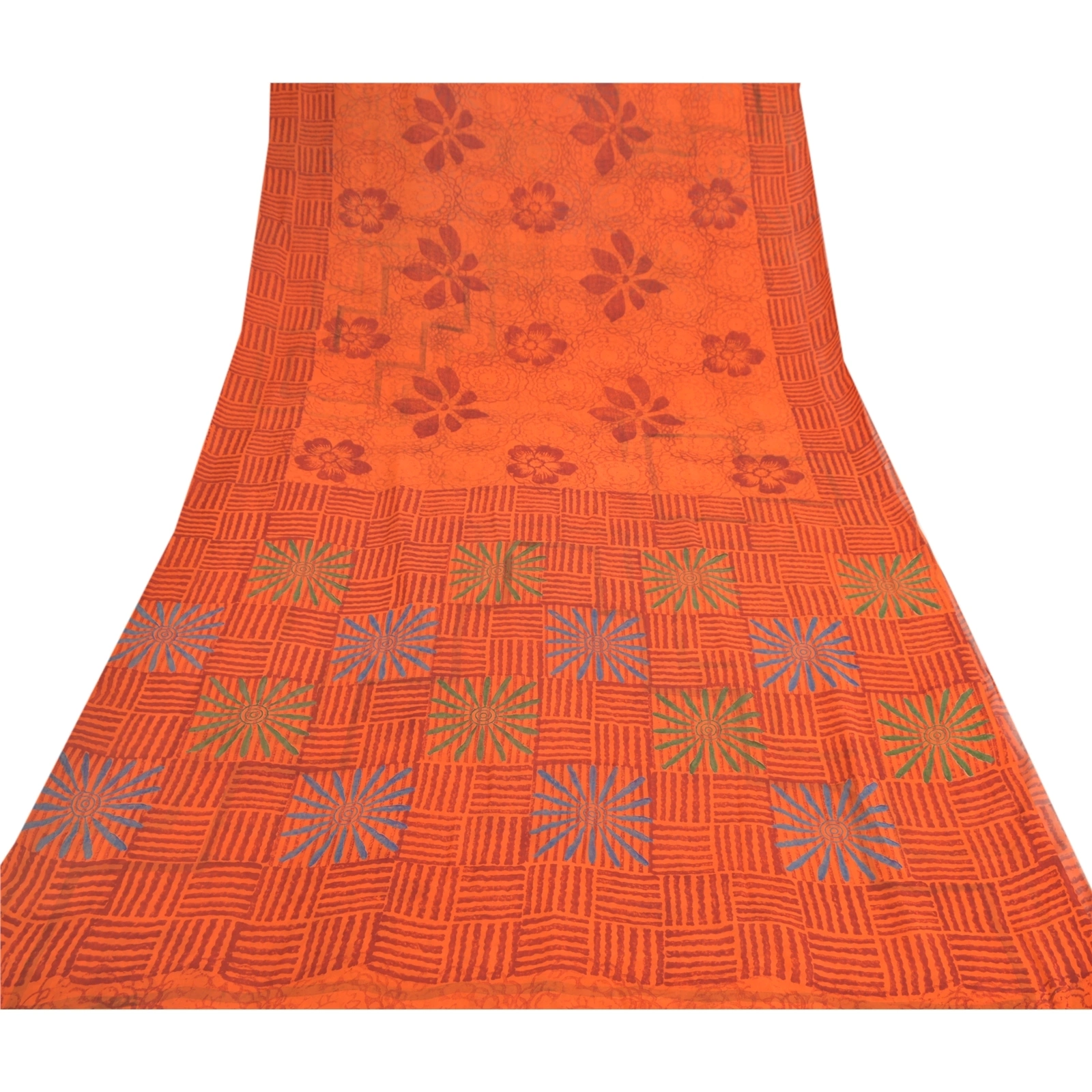 Sanskriti Vintage Orange Sarees Pure Georgette Silk Printed Sari Craft Fabric, PRG-8874-Orange-Printed Floral Design-Pure Georgette Silk-8