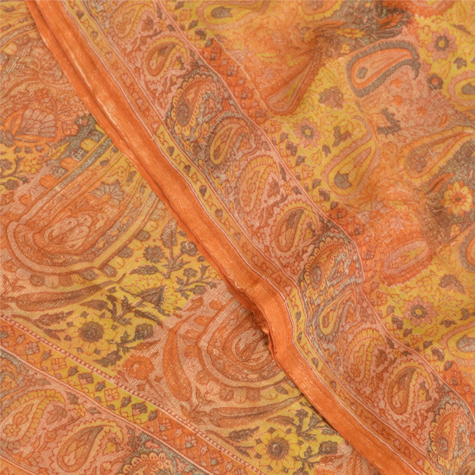 Sanskriti Vintage Orange Sarees Pure Chiffon Silk Printed Fabric Craft Sari, PRG-8961-Orange-Printed Work-Pure Chiffon Silk-1