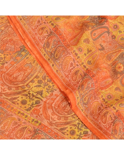 Sanskriti Vintage Orange Sarees Pure Chiffon Silk Printed Fabric Craft Sari, PRG-8961-Orange-Printed Work-Pure Chiffon Silk-1