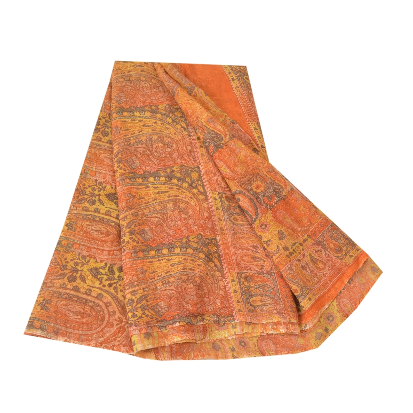 Sanskriti Vintage Orange Sarees Pure Chiffon Silk Printed Fabric Craft Sari, PRG-8961-Orange-Printed Work-Pure Chiffon Silk-2