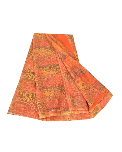Sanskriti Vintage Orange Sarees Pure Chiffon Silk Printed Fabric Craft Sari, PRG-8961-Orange-Printed Work-Pure Chiffon Silk-2