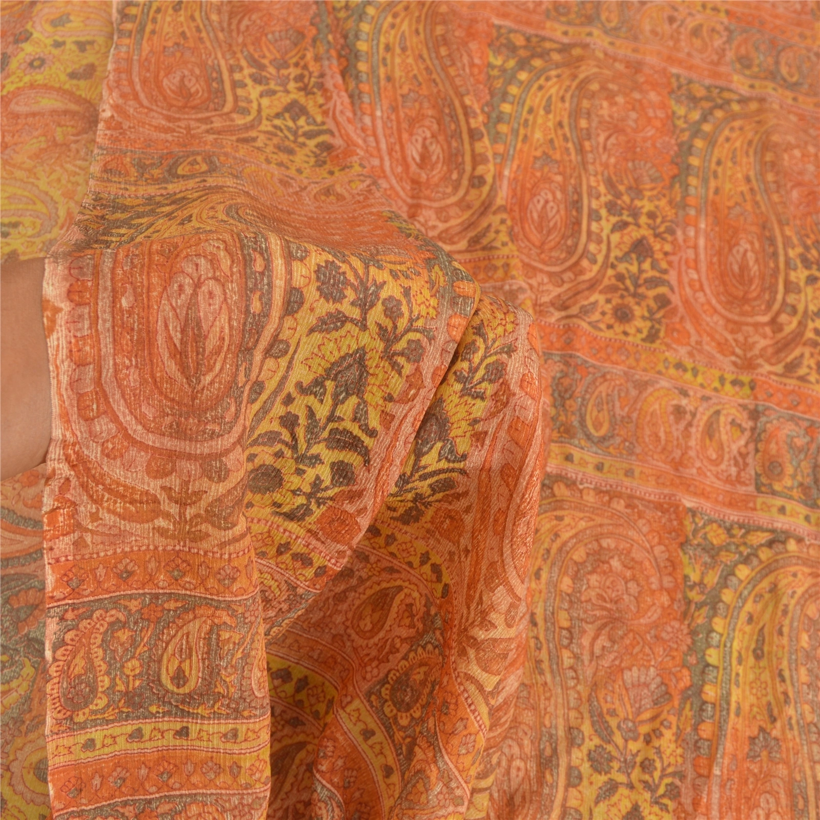 Sanskriti Vintage Orange Sarees Pure Chiffon Silk Printed Fabric Craft Sari, PRG-8961-Orange-Printed Work-Pure Chiffon Silk-4